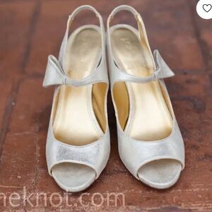 J. Crew Gold Silver Metallic Leather Bow Slingback Heels peep toe made Italy 9.5